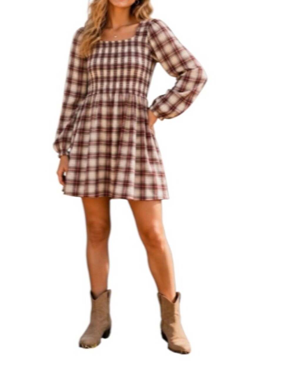 American Eagle Outfitters Smocked Plaid Square-Neck Mini Dress-NWT